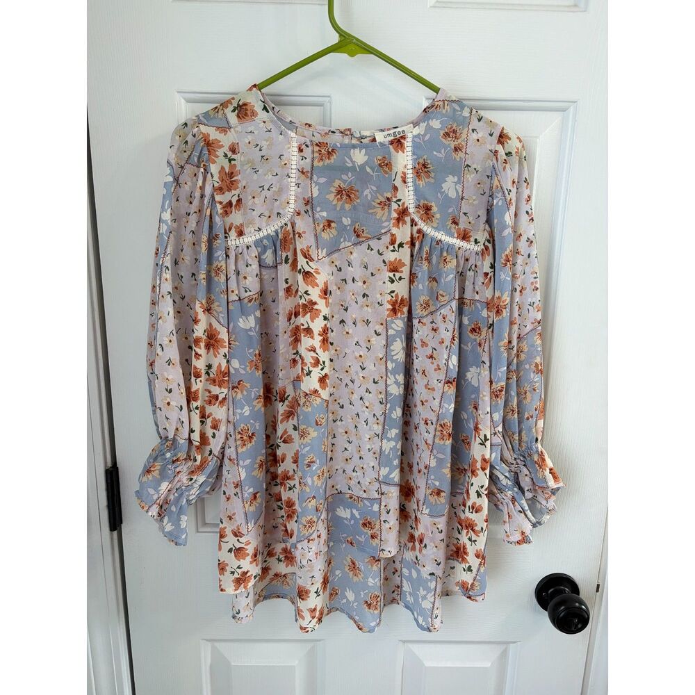 Umgee Floral Patch Boho Cottagecore Peasant Lagenlook Flowy Blouse Size M